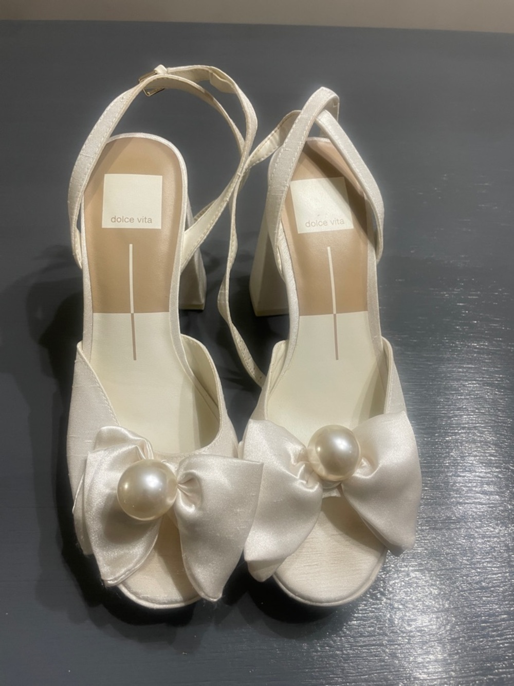 Dolce Vita Ivory Satin Peep-Toe Heels with Pearl Bow Accent